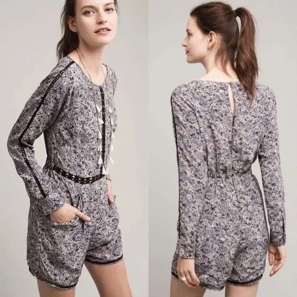 Anthropologie Ranna Gill Hettie Floral Long Sleeve Romper Blue Small